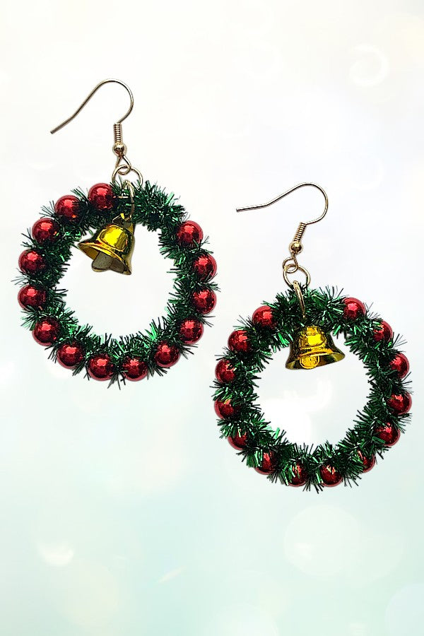 CHRISTMAS WREATH BELL DANGLE EARRING