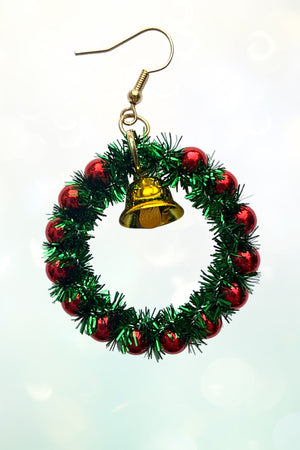 CHRISTMAS WREATH BELL DANGLE EARRING