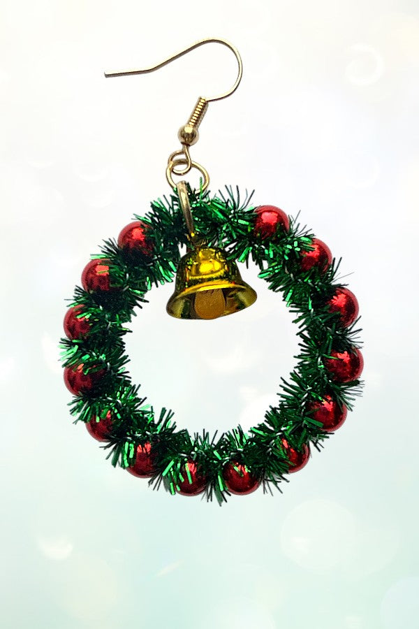 CHRISTMAS WREATH BELL DANGLE EARRING