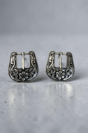 FLORAL ETCHED BELT BUCKLE POST EARRING