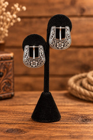 FLORAL ETCHED BELT BUCKLE POST EARRING