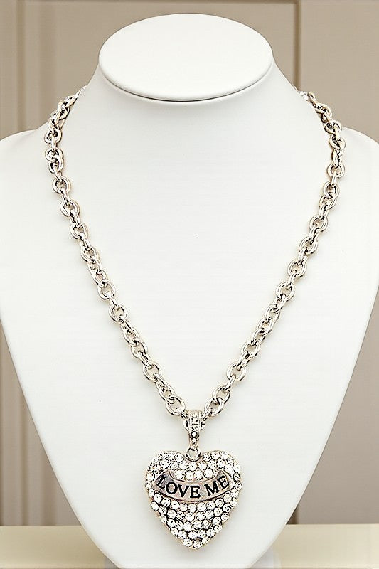 RHINESTONE PAVE HEART PENDANT CHAIN NECKLACE