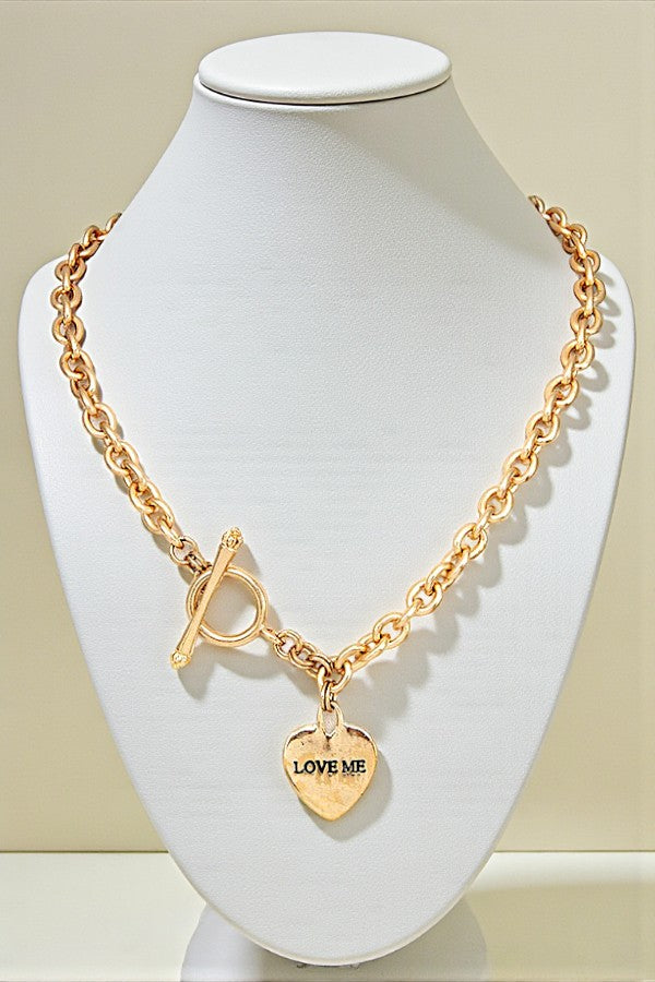 LOVE ME ETCHED HEART PENDANT CHAIN NECKLACE