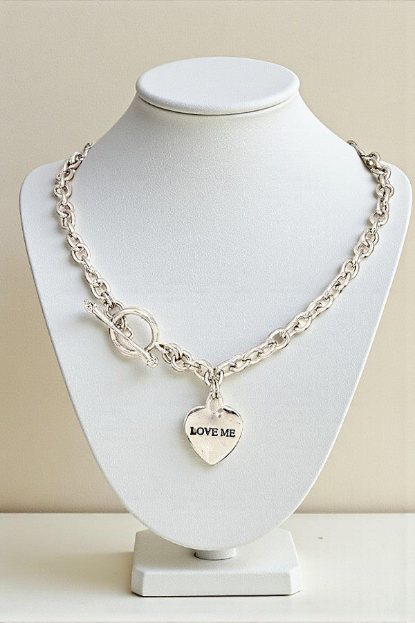 LOVE ME ETCHED HEART PENDANT CHAIN NECKLACE