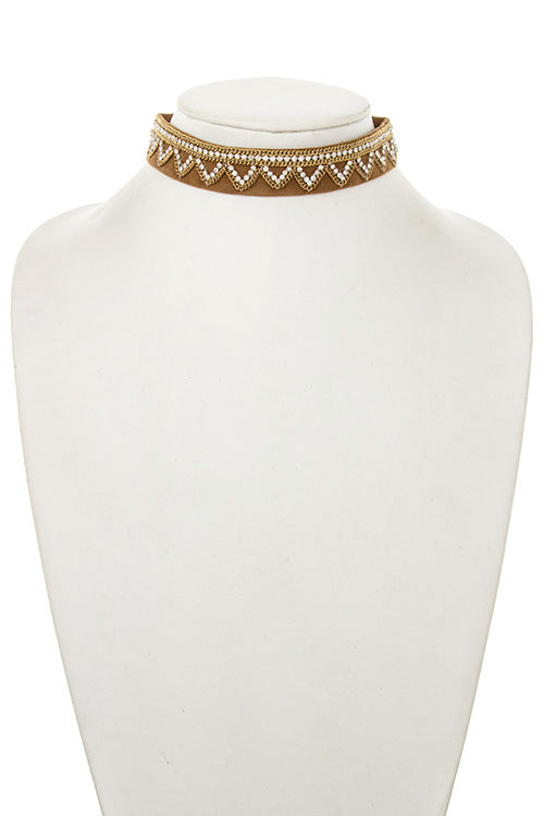 Zig-Zag Rhinestone and Chain Pave Detailed Faux Suede Choker Necklace