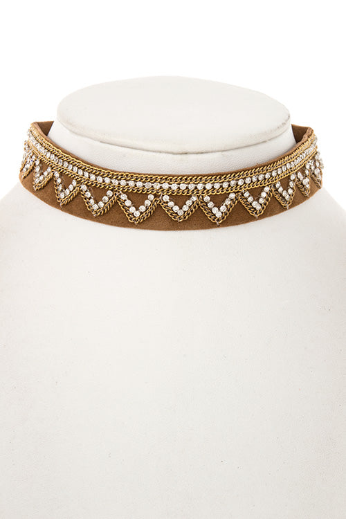 Zig-Zag Rhinestone and Chain Pave Detailed Faux Suede Choker Necklace