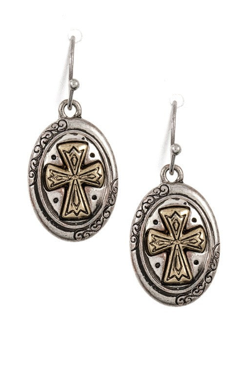 Framed Cross Etched Dangle Earring