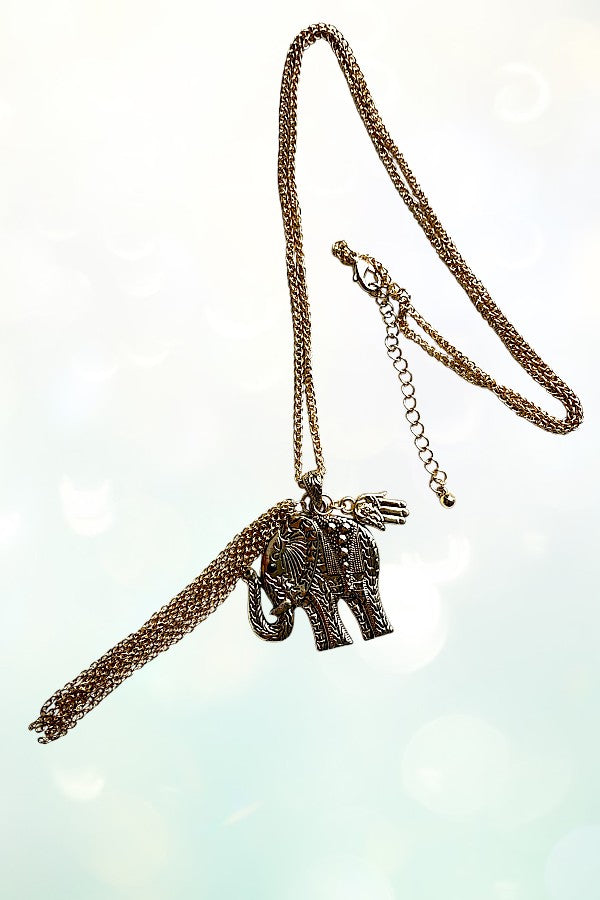 ELEPHANT HAMSA HAND PENDANT LONG NECKLACE