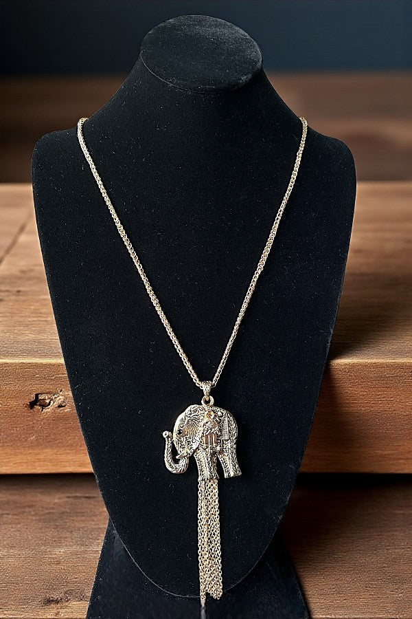 ELEPHANT HAMSA HAND PENDANT LONG NECKLACE