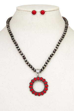 Round Gemstone Pendant Bead Necklace Set