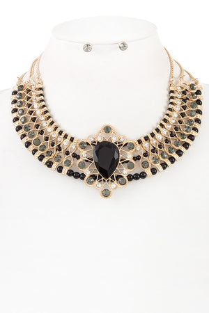 Crystal Ornate Multi Row Bead Accent Collar Necklace Set