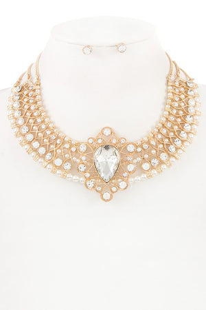 Crystal Ornate Multi Row Bead Accent Collar Necklace Set