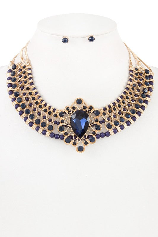 Crystal Ornate Multi Row Bead Accent Collar Necklace Set