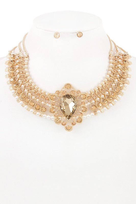 Crystal Ornate Multi Row Bead Accent Collar Necklace Set