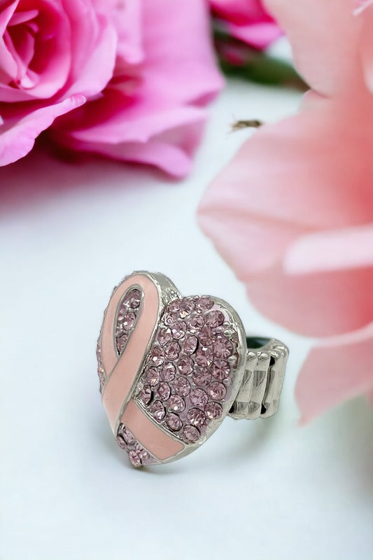 Rhinestone Pave Heart Ribbon Accent Stretch Ring