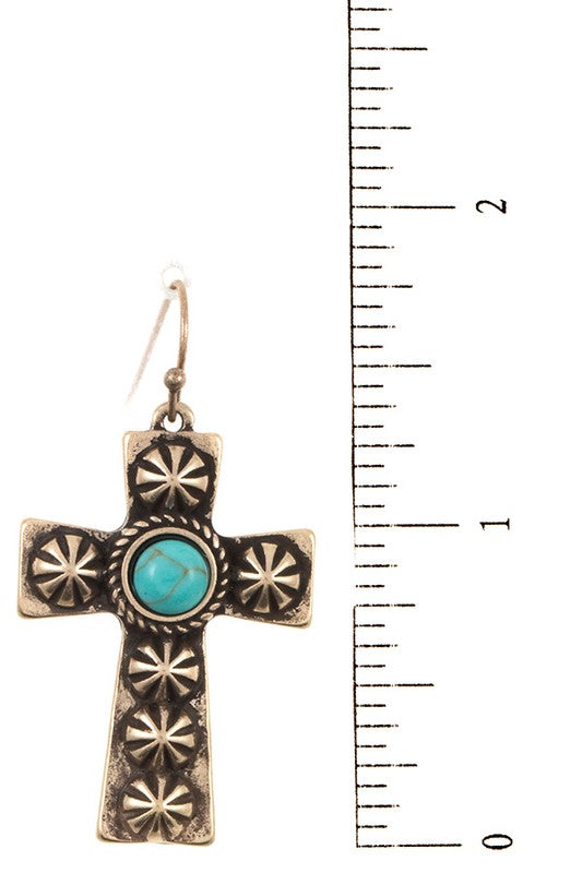 CROSS ETCHED GEM ACCENT DANGLE EARRING