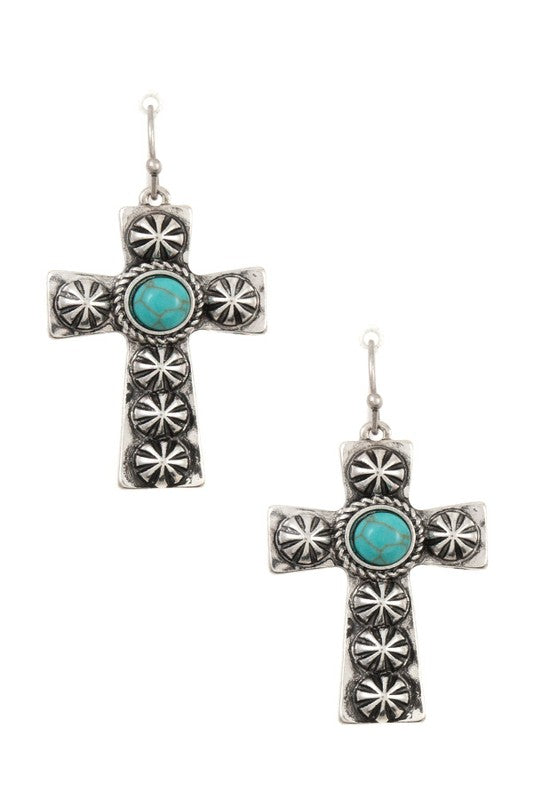 CROSS ETCHED GEM ACCENT DANGLE EARRING