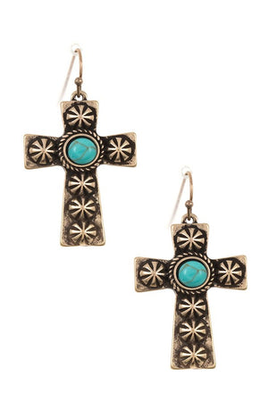 CROSS ETCHED GEM ACCENT DANGLE EARRING