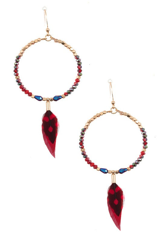 BEADED HOOP DROP FEATHER LIKE DANGLE EARRING