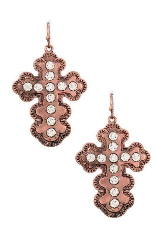 LARGE STUDDED CROSS DANGLE EARRING