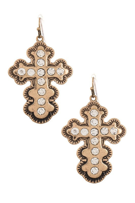 LARGE STUDDED CROSS DANGLE EARRING