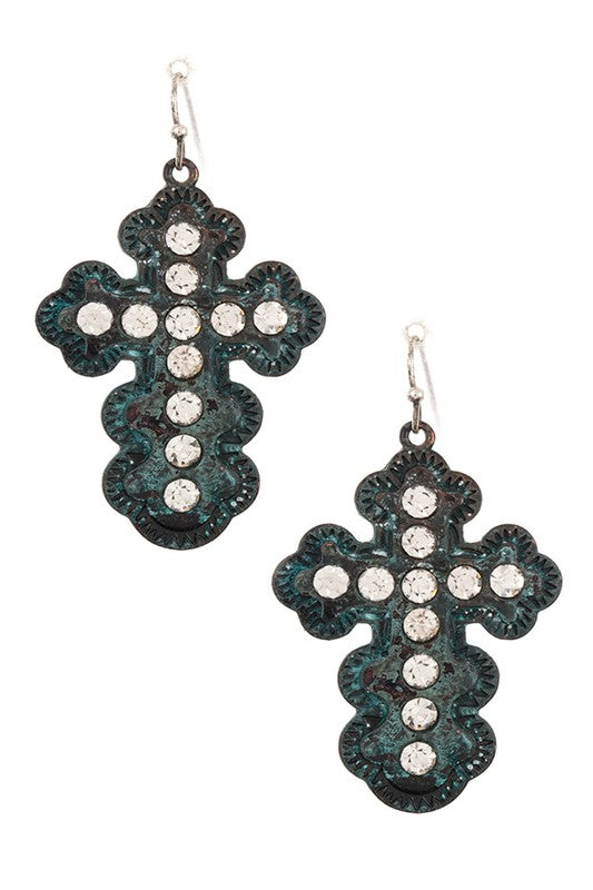 LARGE STUDDED CROSS DANGLE EARRING