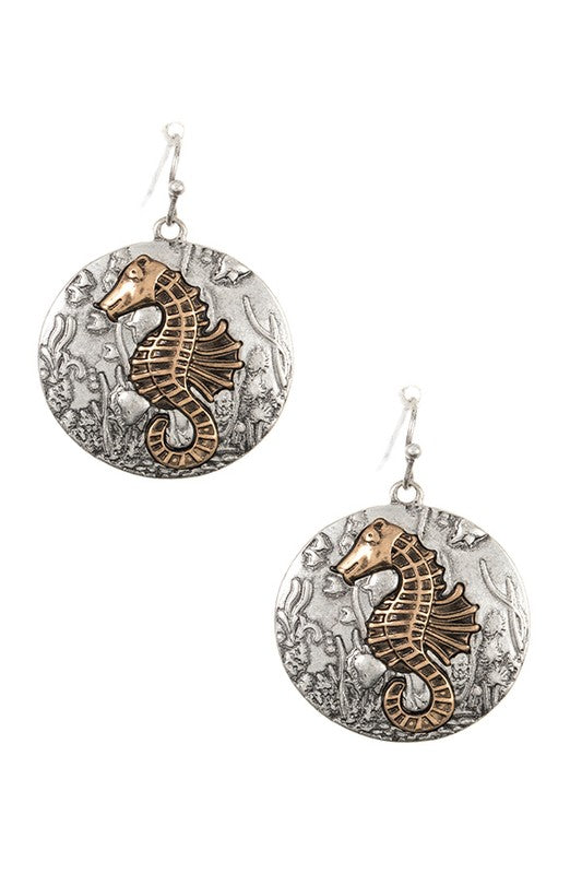 ETCHED SEAHORSE ROUND DANGLE EARRING