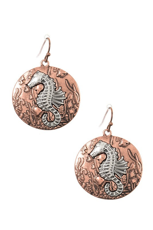 ETCHED SEAHORSE ROUND DANGLE EARRING