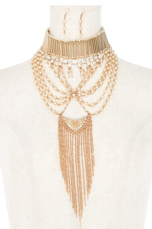 DRAPED PEARL FRINGE CHAIN CHOKER NECKLACE SET