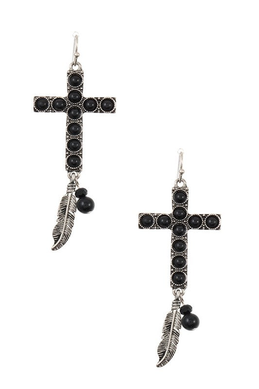 FAUX GEM LEAF LINK CROSS DANGLE EARRING