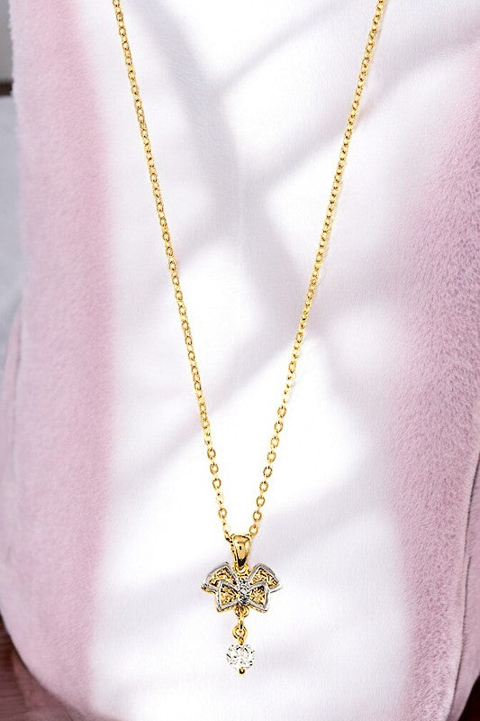 CUBIC ZIRCONIA STONE BOW PENDANT NECKLACE