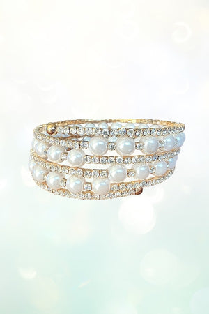 Rhinestone and Pearl Flex Wrap Around Bracelet