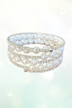 Rhinestone and Pearl Flex Wrap Around Bracelet