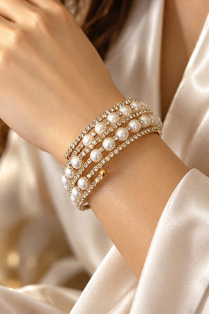 Rhinestone and Pearl Flex Wrap Around Bracelet