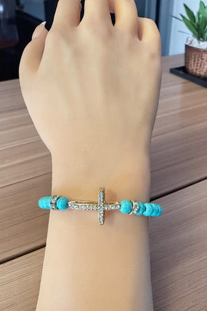 TURQUOISE BEADS RHINESTONE CROSS ACCENT BRACELET