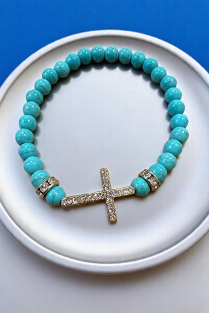TURQUOISE BEADS RHINESTONE CROSS ACCENT BRACELET