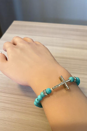 TURQUOISE BEADS RHINESTONE CROSS ACCENT BRACELET