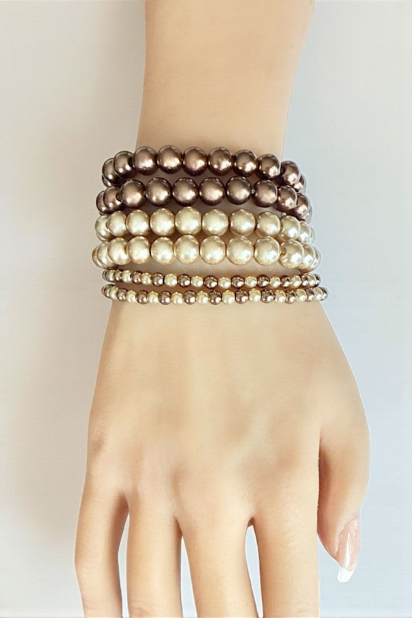 BROWN PEARL BEAD 6 STRETCH BRACELET SET