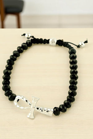 CROSS ACCENT FACETED BEADED BRACELET