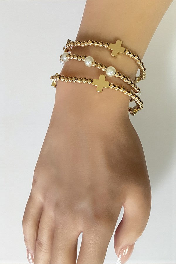 CROSS STATIONED PEARL BEADED STRETCH BRACELET SET