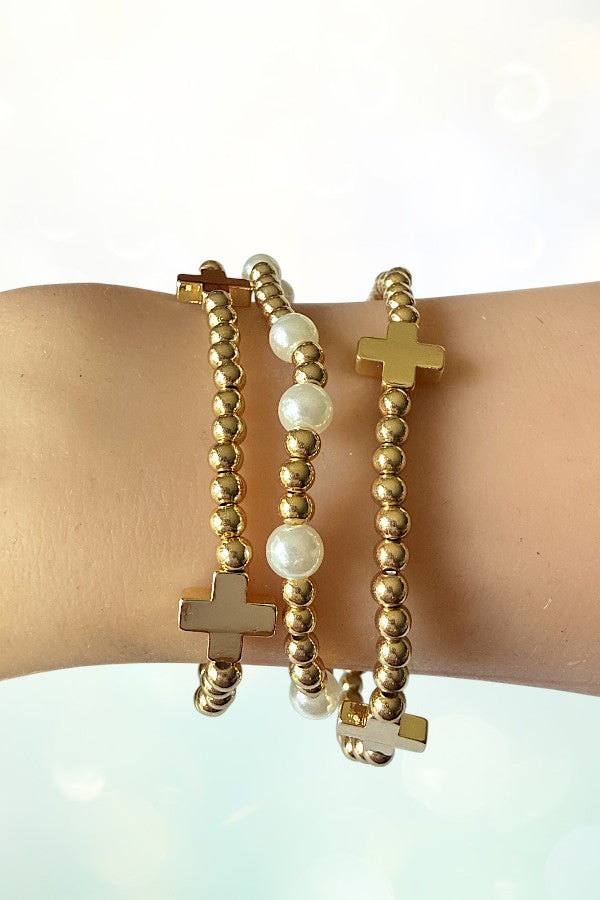 CROSS STATIONED PEARL BEADED STRETCH BRACELET SET