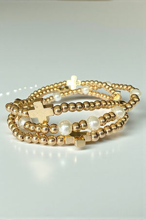 CROSS STATIONED PEARL BEADED STRETCH BRACELET SET