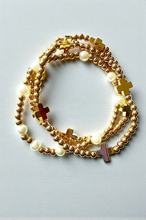 CROSS STATIONED PEARL BEADED STRETCH BRACELET SET