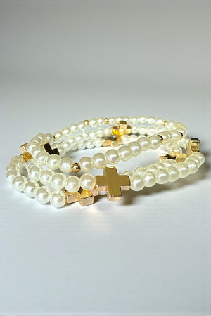CROSS STATIONED PEARL BEADED STRETCH BRACELET SET