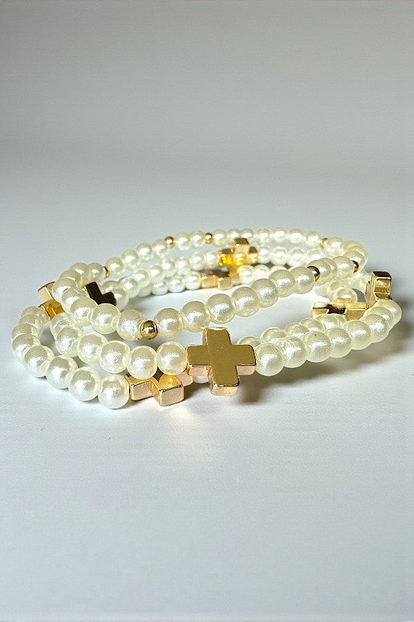 CROSS STATIONED PEARL BEADED STRETCH BRACELET SET