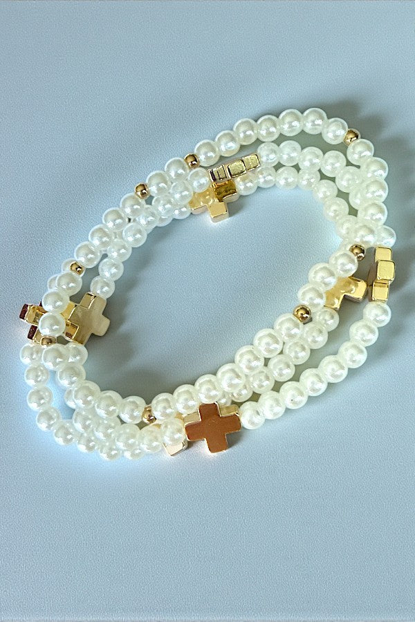 CROSS STATIONED PEARL BEADED STRETCH BRACELET SET