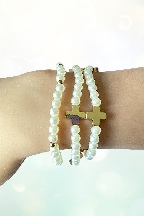 CROSS STATIONED PEARL BEADED STRETCH BRACELET SET