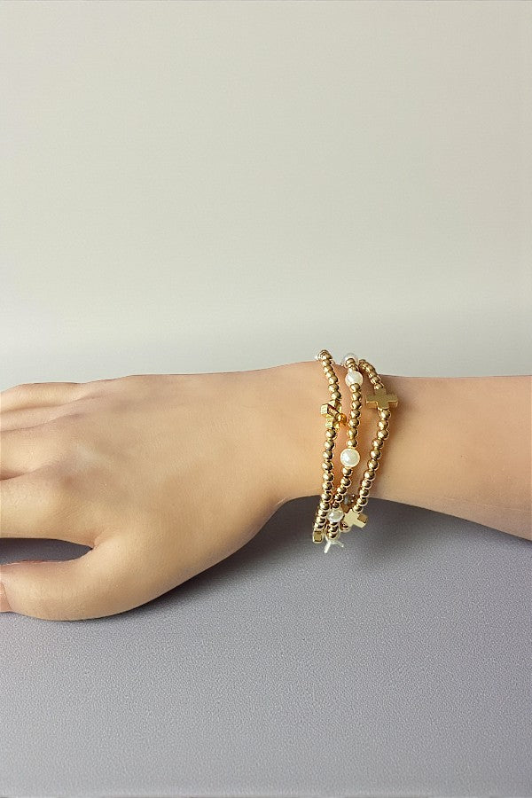 CROSS STATIONED PEARL BEADED STRETCH BRACELET SET