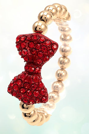 RHINESTONE PAVE BOW BALL BEAD STRETCH BRACELET