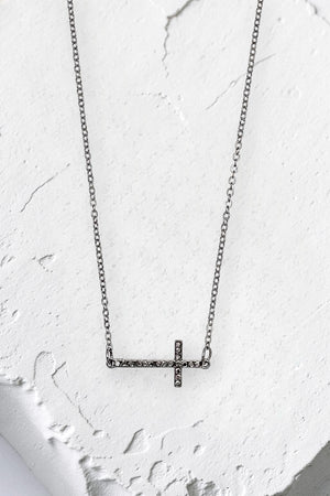 RHINESTONE PAVE SIDE CROSS PENDANT NECKLACE